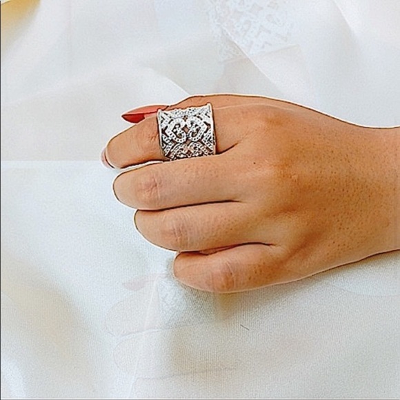 STERLING SILVER HEART HOLLOW OUT WIDE CUFF BANGLE BRACELET RING SET - Picture 14 of 15